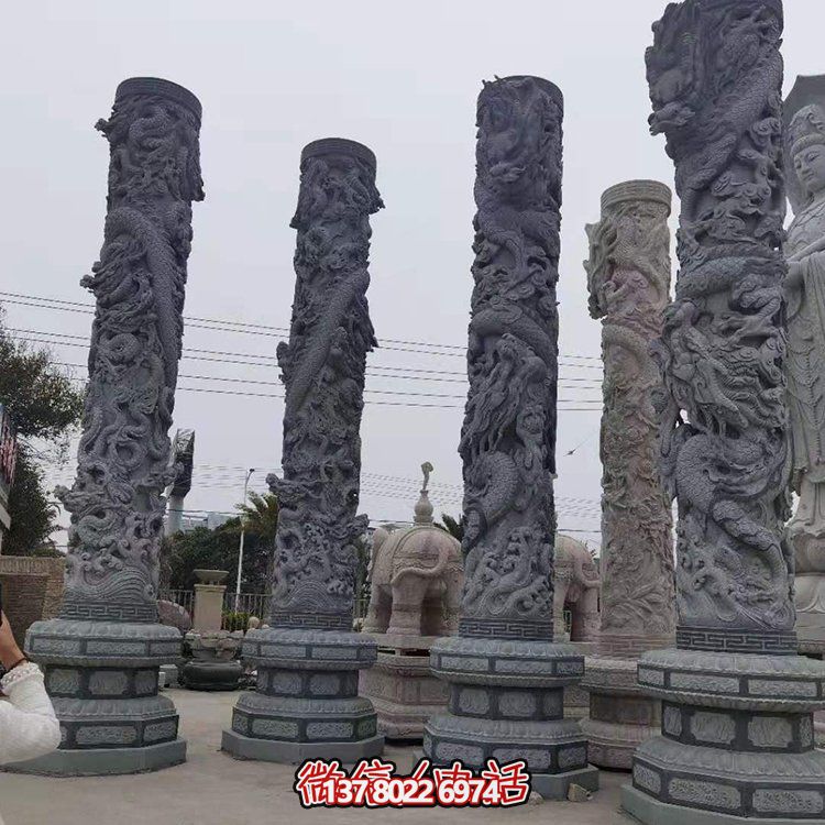 青石浮雕龍柱，精美石雕園林景觀裝飾
