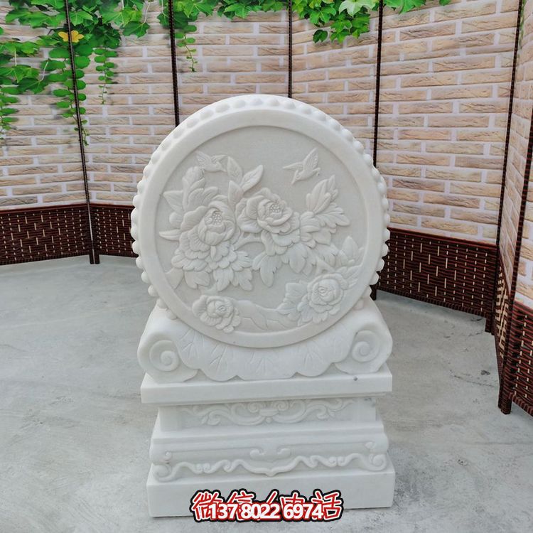 中式風格天然漢白玉石雕抱鼓浮雕門墩，花開富貴