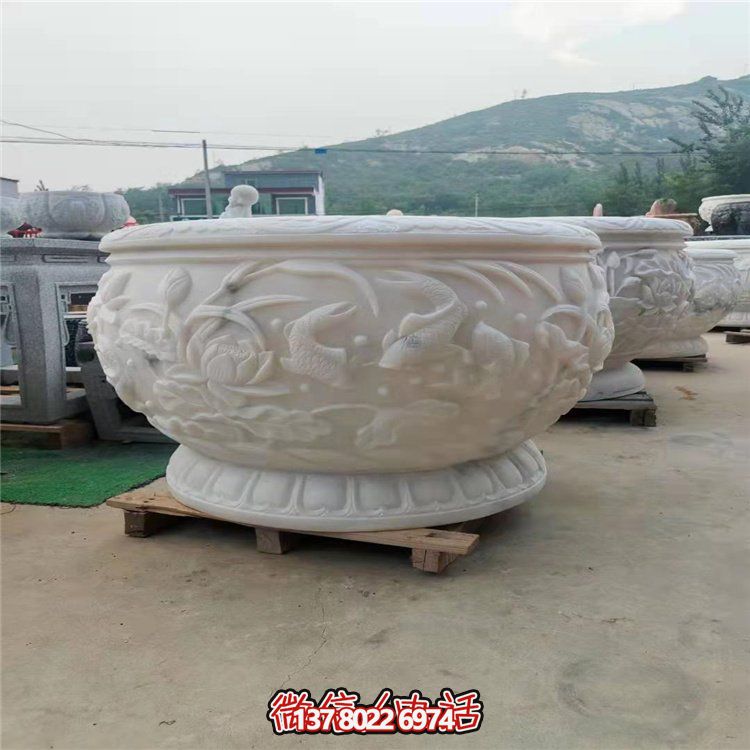古典經典，漢白玉鯉魚雕刻圓形水缸