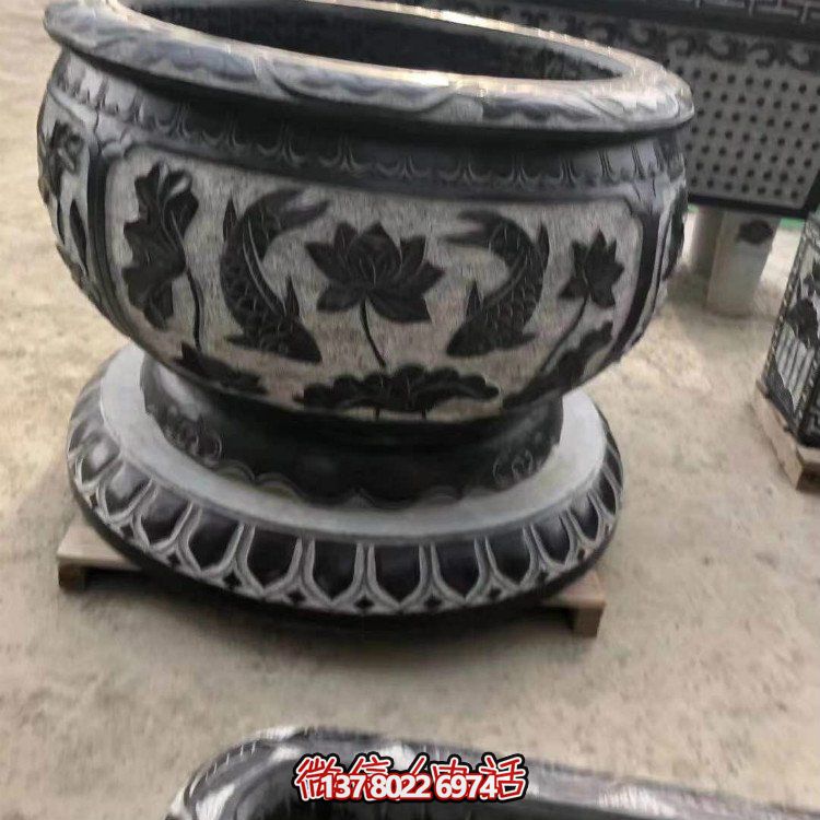 花園擺放青石荷花鯉魚(yú)水缸陽(yáng)臺(tái)花盆魚(yú)缸