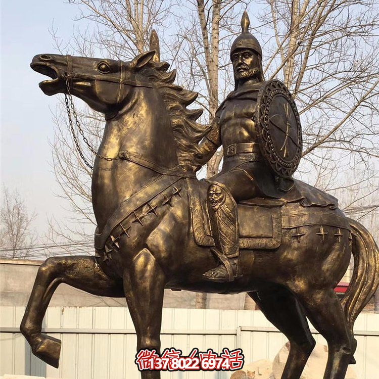 西方古代的騎馬士兵銅雕，手持盾牌騎馬身上的西方戰士